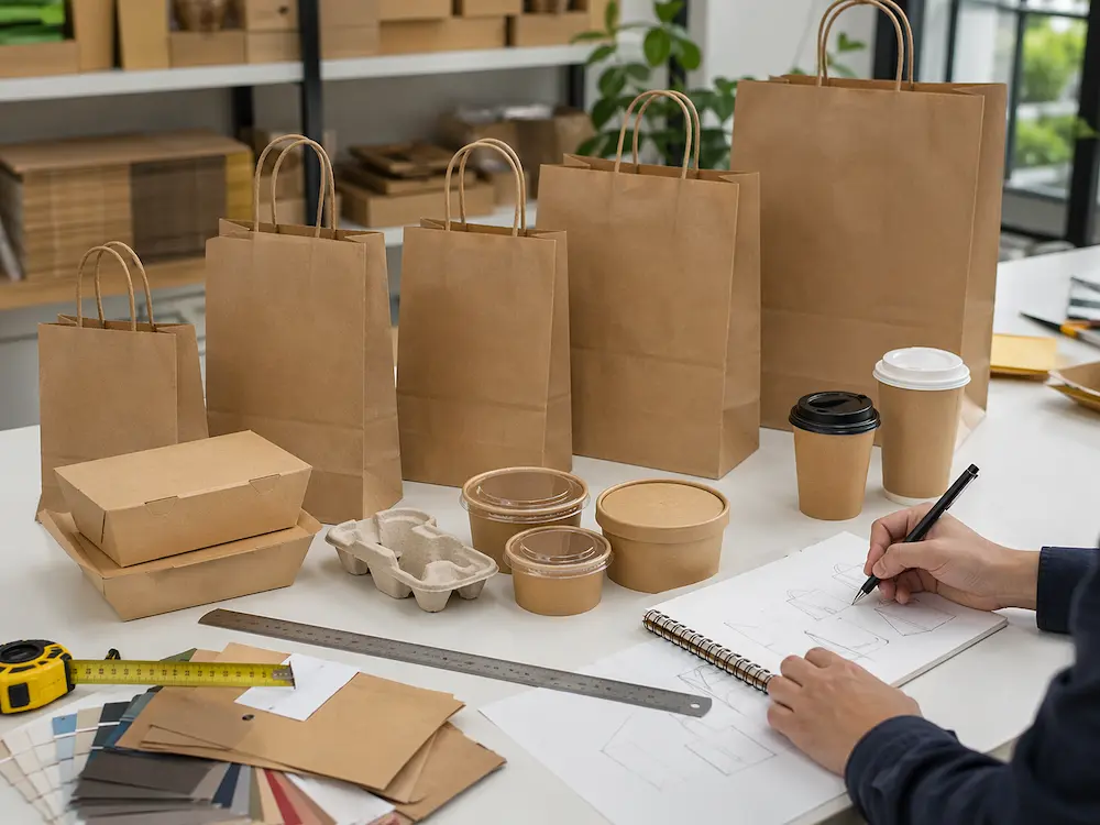Takeaway paper bags in multiple sizes displayed with food boxes and measuring tools on a packaging worktable