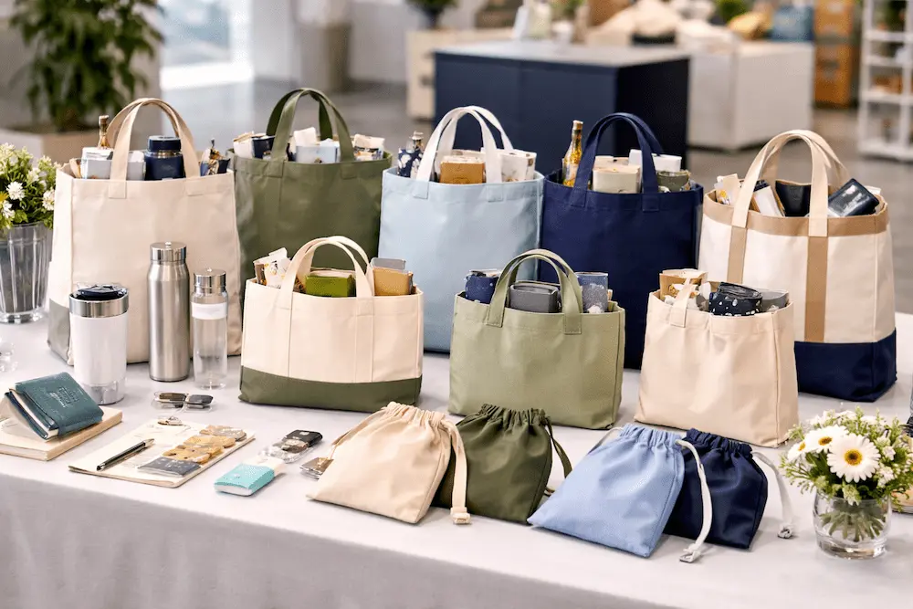 Small tote bags for promotions displayed with compact branded and event-use bag options
