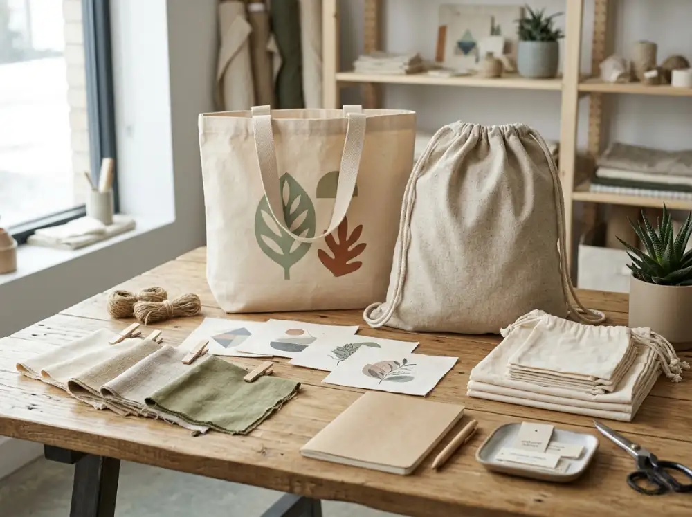 Sustainable tote bags displayed with cotton, canvas, and reusable textile bag materials in a sourcing environment