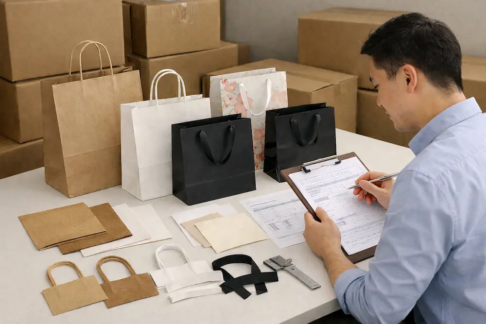 Paper shopping bag samples, paper swatches, and export cartons arranged for importer supplier evaluation