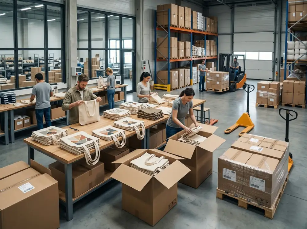 Tote bags prepared for export with packing cartons and logistics workflow in a warehouse setting
