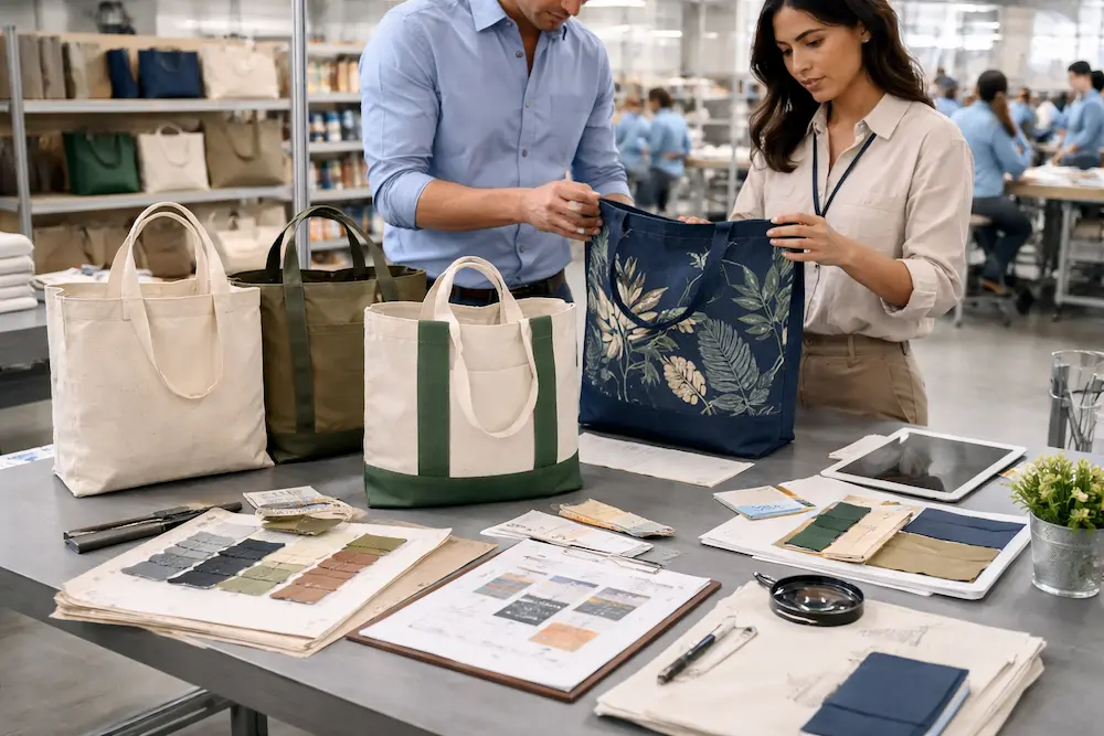 Tote bag manufacturers and OEM bag samples displayed in a professional sourcing and quality review environment
