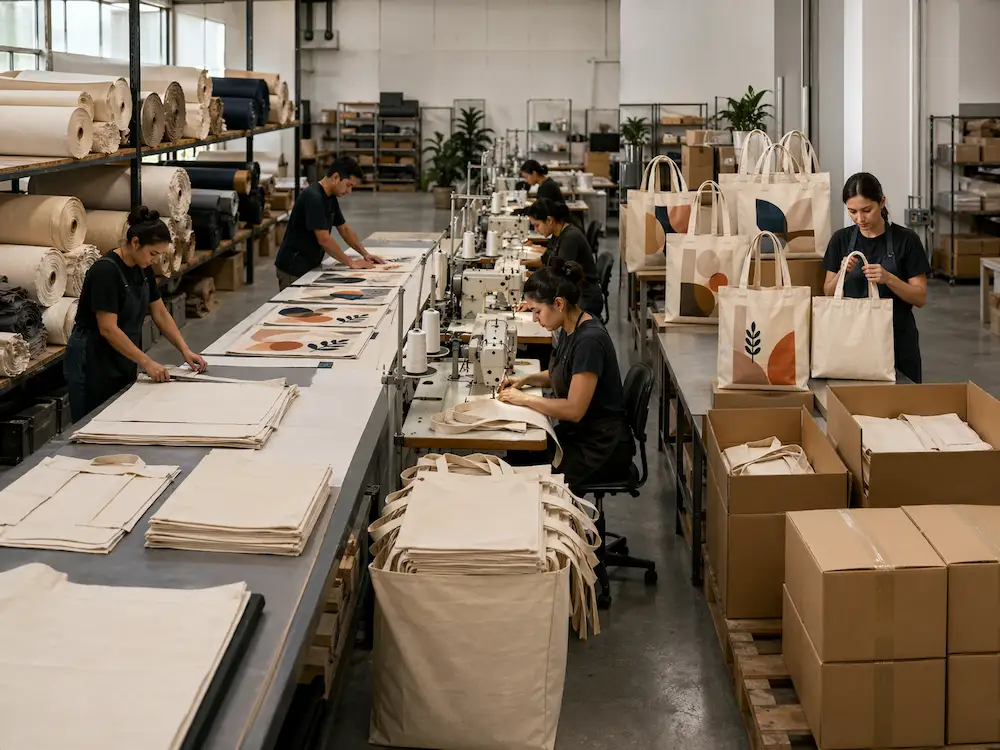 Tote bag manufacturing process showing fabric cutting printing sewing inspection and packing in a professional workshop