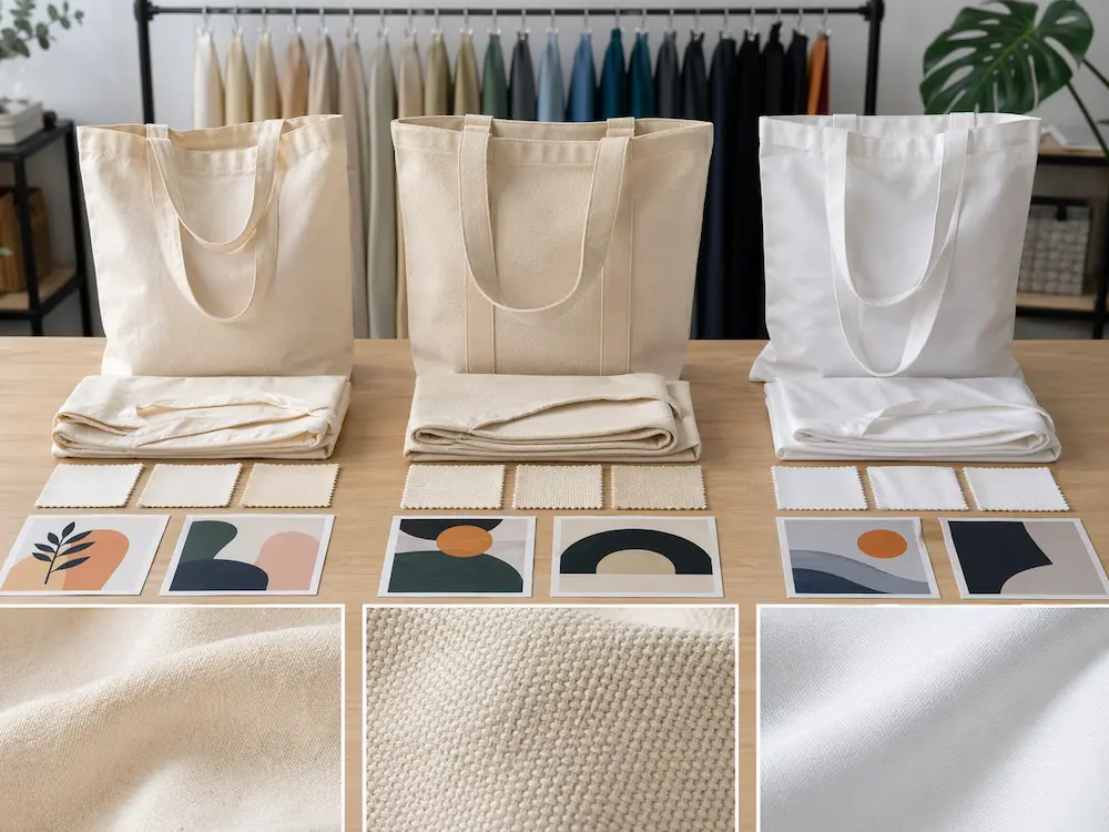 Cotton canvas and polyester tote bags compared side by side in a professional sourcing environment