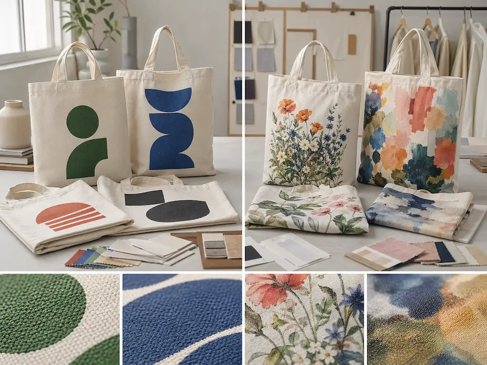 Different tote bag printing methods compared side by side in a professional sourcing environment