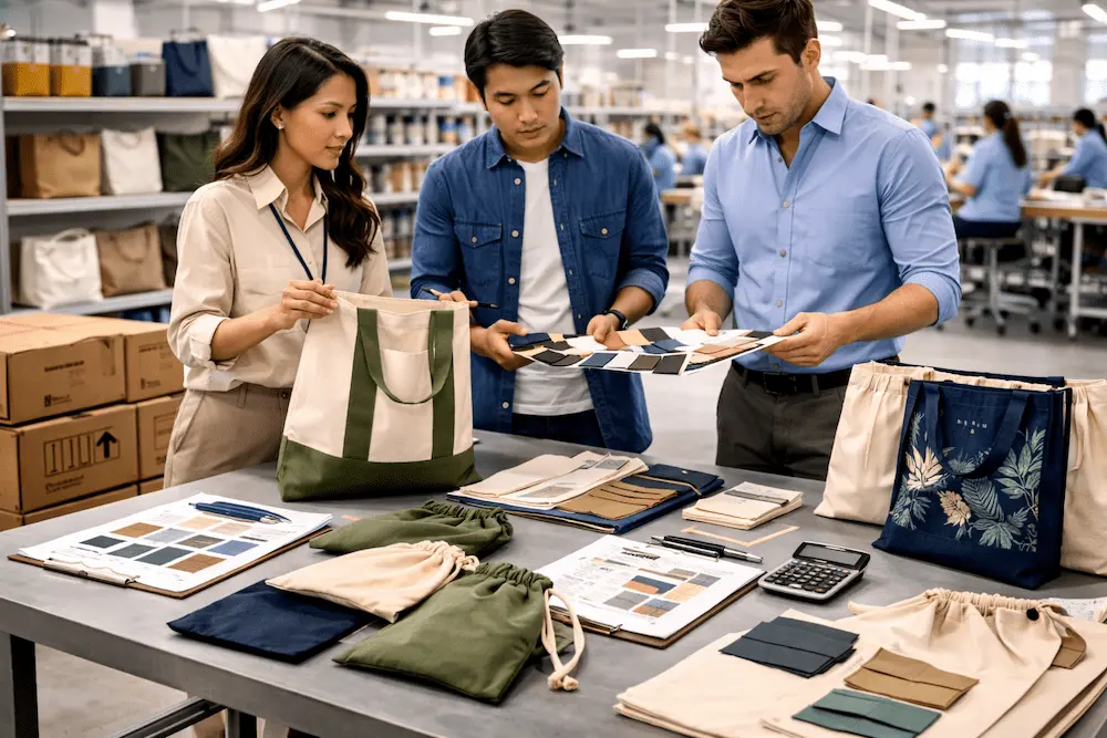 Tote bag suppliers in China displayed through samples, fabric swatches, and OEM sourcing review