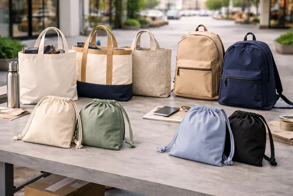Tote bags and backpacks compared side by side for everyday urban carry and branding use