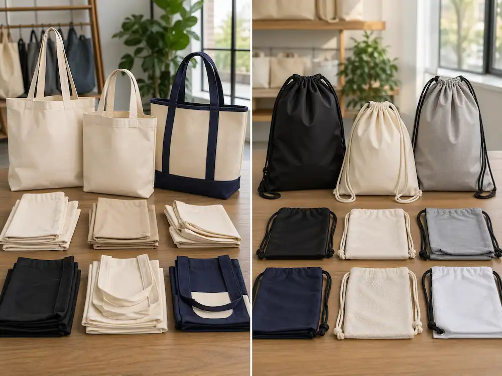Tote bags and drawstring bags compared side by side in a professional sourcing environment