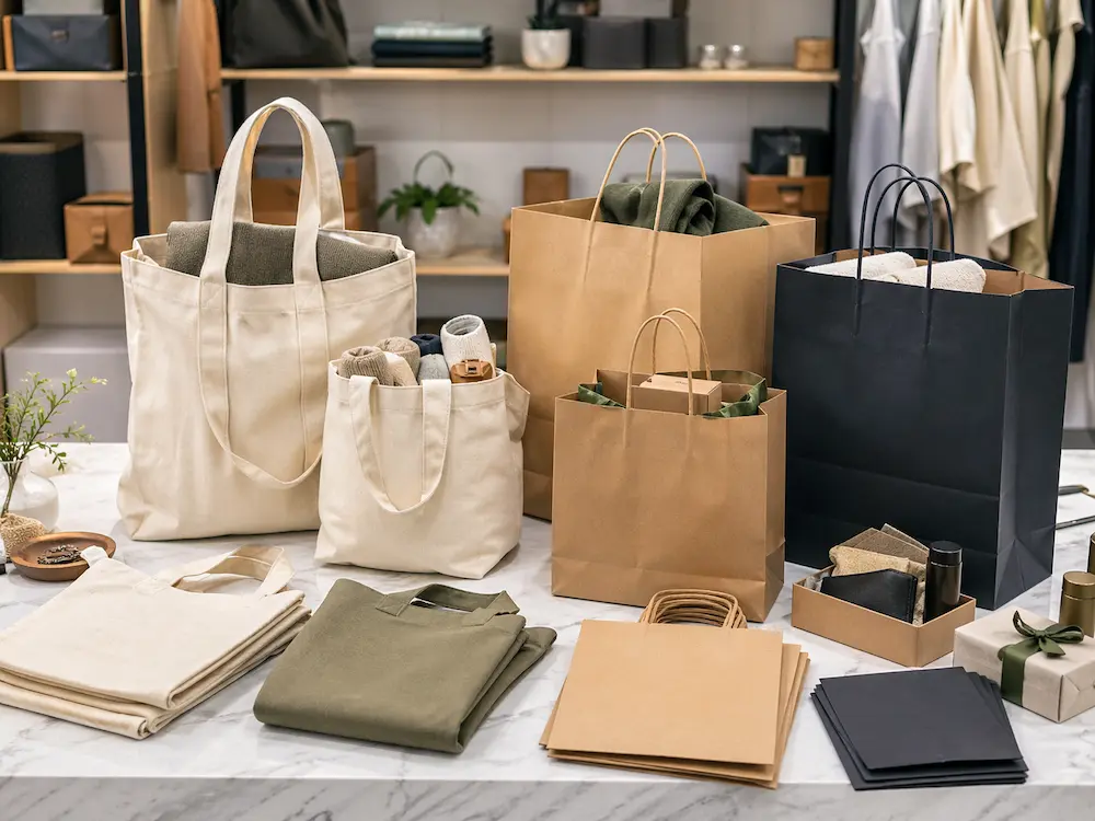 Tote bags and paper bags compared side by side in a professional retail packaging environment