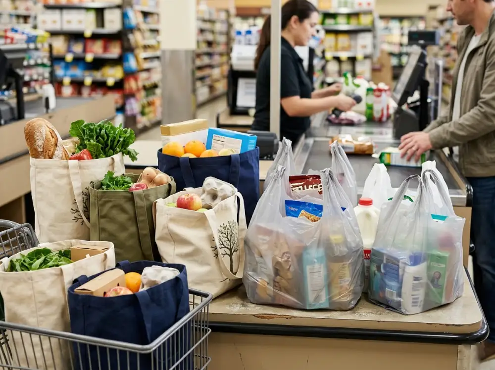 Tote bags and plastic bags compared in a retail and grocery shopping environment