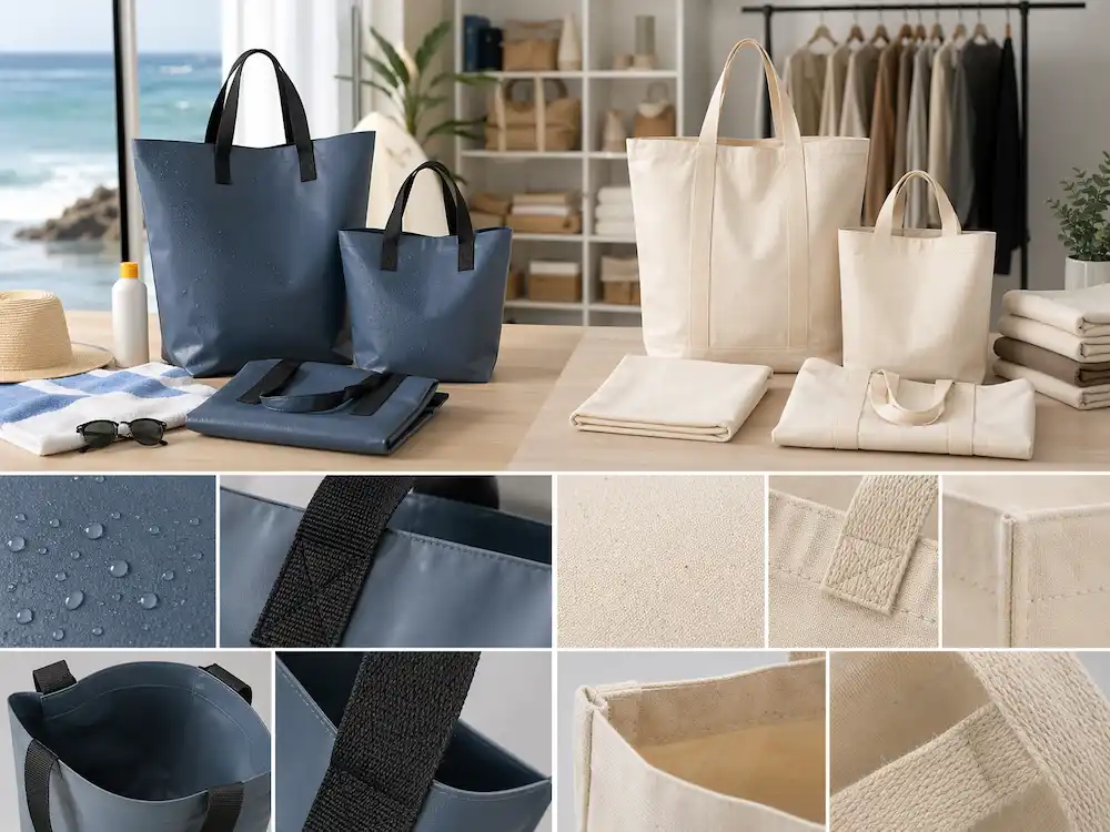 Waterproof tote bags and standard tote bags compared side by side in a professional sourcing environment