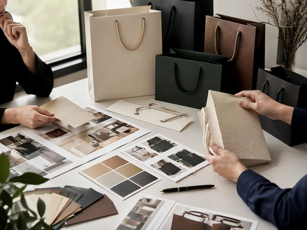 Modern luxury paper bag samples with premium finishes, handles, and paper materials arranged on a sourcing worktable
