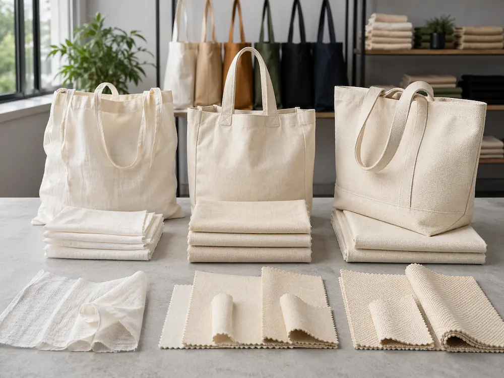 Different tote bag fabric GSM weights compared side by side in a professional sourcing environment