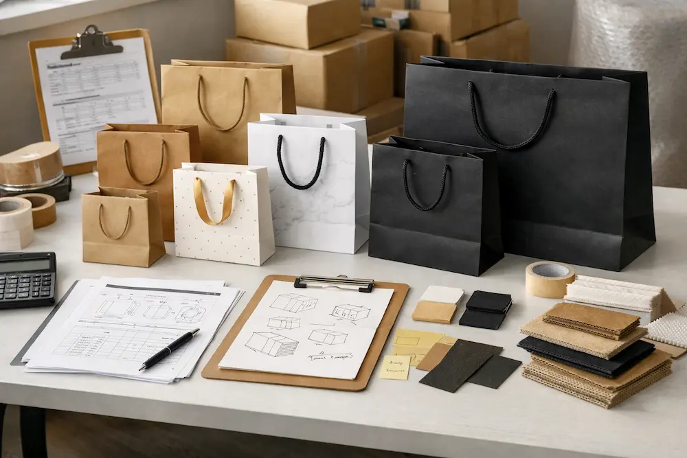 Retail paper bag samples, sizing notes, and MOQ planning materials arranged on a sourcing worktable