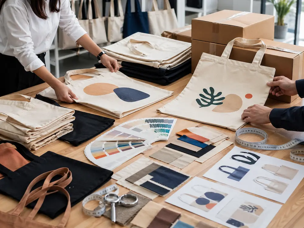 Durable tote bag construction details including handles seams and gusset shown in a professional sourcing environment
