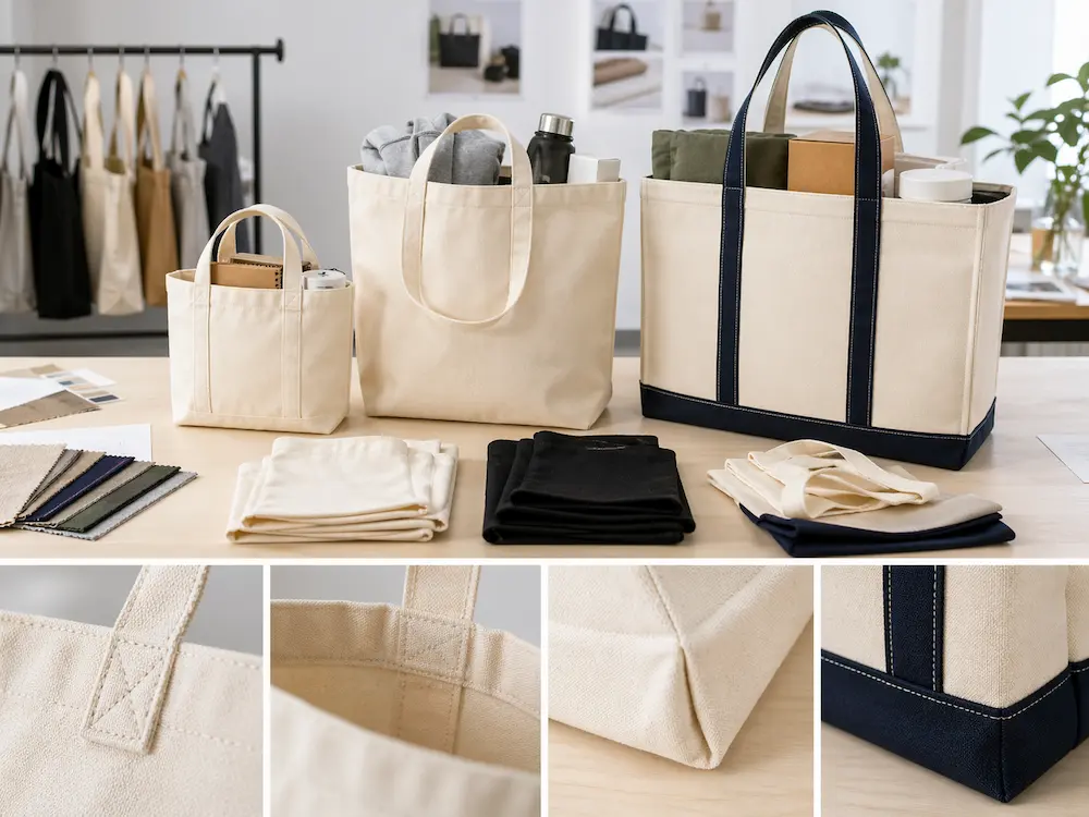 Small medium and large tote bags compared side by side in a professional sourcing environment