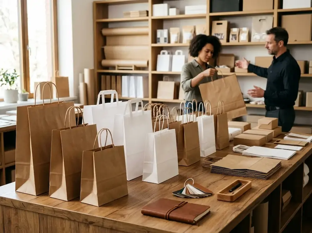 Paper bags with handles in retail and takeaway packaging display for business ordering