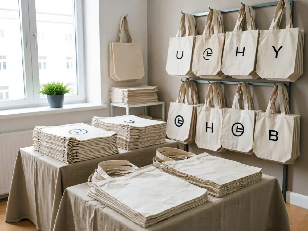 Wholesale tote bags displayed in a retail and warehouse setting for bulk purchasing and branded packaging