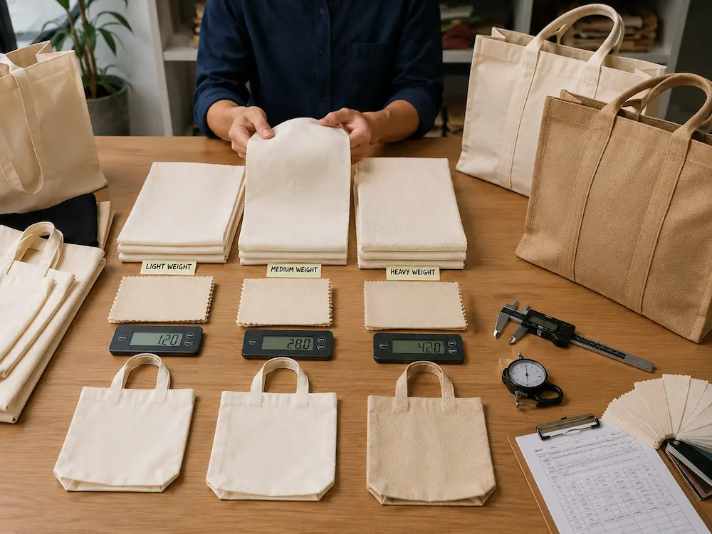 Tote bag fabric weight comparison with cotton and canvas GSM samples in a professional sourcing environment