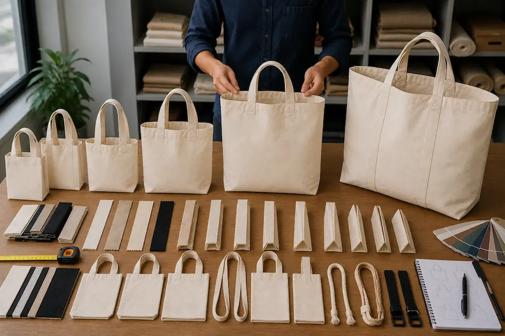 Different custom tote bag sizes including small, medium, and large canvas tote bags for business applications