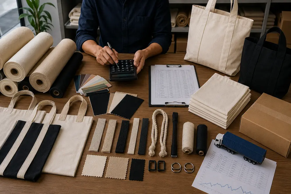 Tote bag pricing calculation scene with fabric, printing samples, and production cost analysis materials