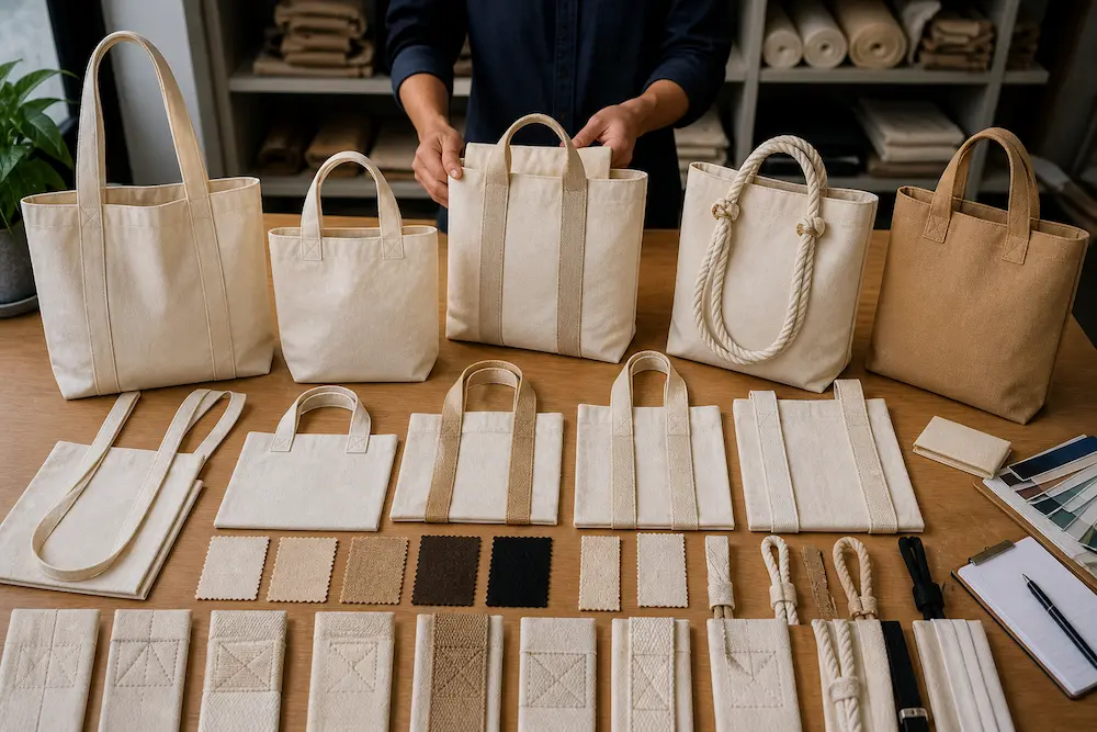 Different tote bag handle types including shoulder handles, rope handles, and reinforced webbing handles