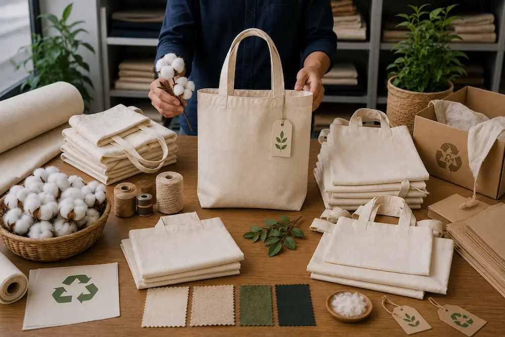 Organic cotton tote bags displayed with natural cotton fabric and sustainable sourcing materials