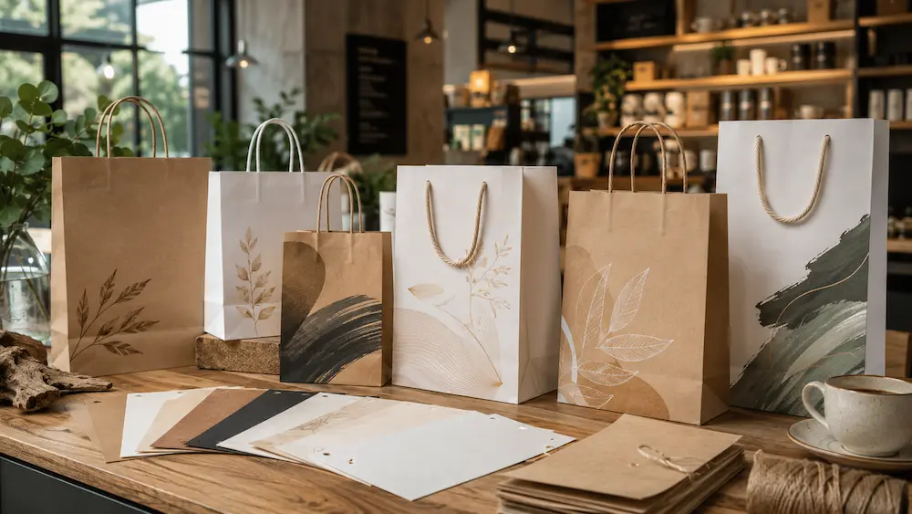 Kraft Paper Bags for premium packaging showing different paper types, handle styles, and sustainable packaging solutions.
