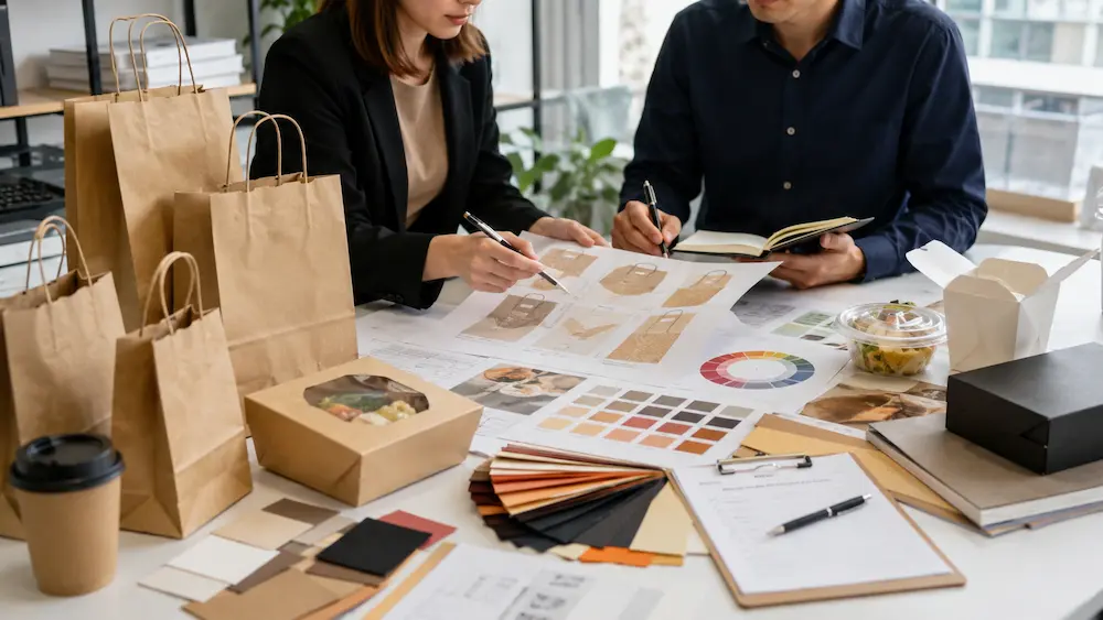 Custom Food Paper Bags printing samples with kraft materials, logo designs, and packaging quality review