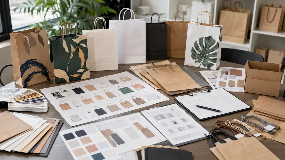 Custom printed paper bag samples with material swatches, pricing notes, supplier comparison sheets, and quality inspection documents