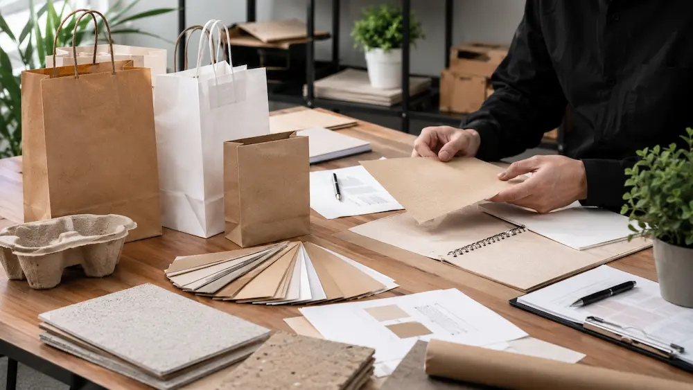 Eco Paper Bags material selection with kraft paper samples and sustainable packaging options
