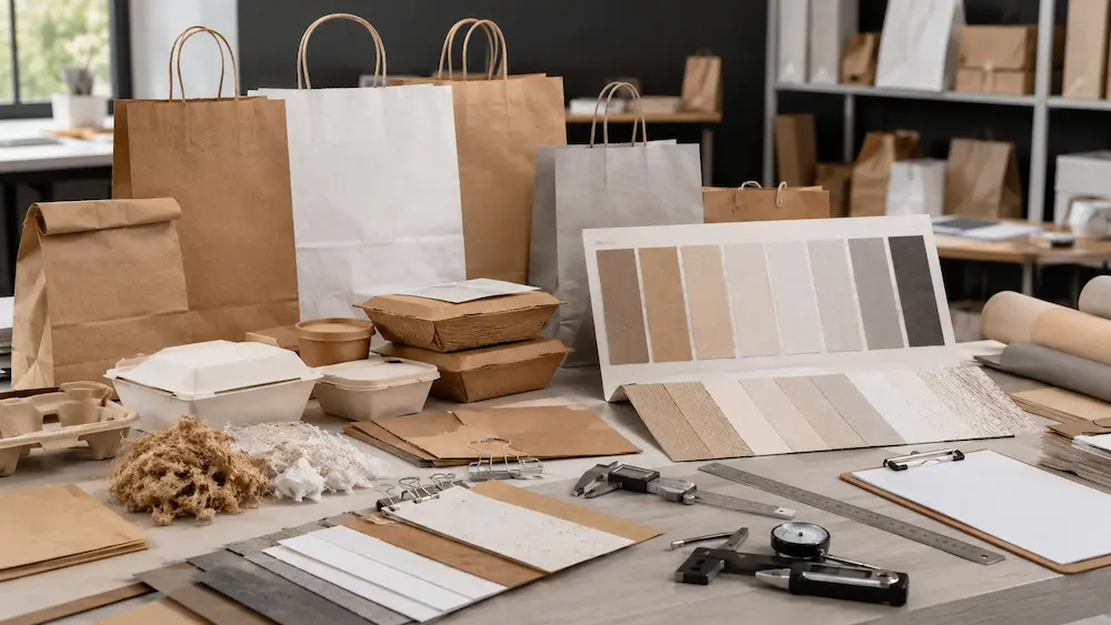 Eco paper bags material comparison showing kraft paper, recycled paper, GSM strength, and sustainable food packaging performance.