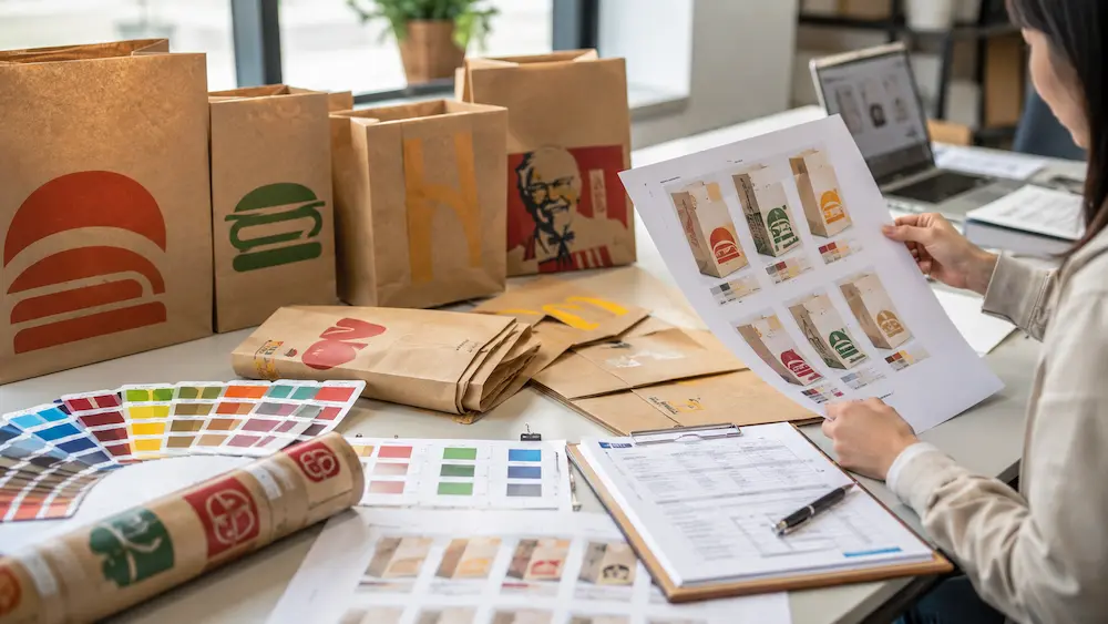 Food Paper Bags printing options guide with custom packaging samples and colour approval process