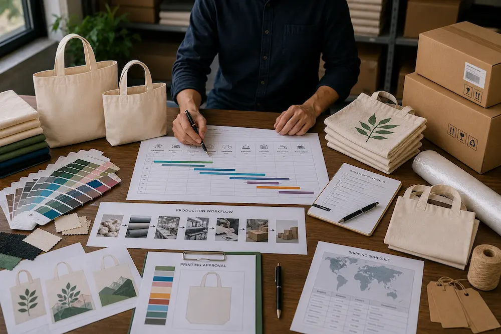Custom tote bag production timeline showing sampling, manufacturing, packaging, and shipping stages