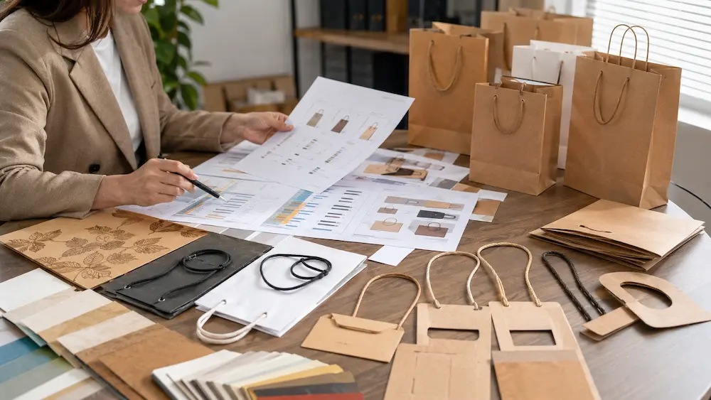 Retail Paper Bags MOQ planning scene with custom packaging samples, kraft materials, handle options, supplier documents, and quality inspection details