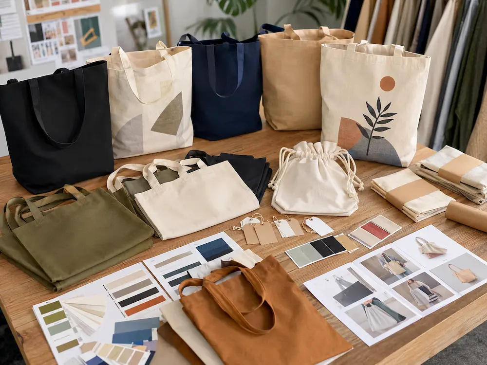 Retail store tote bag selection with cotton tote bags, canvas tote bags, packaging samples, and fabric swatches