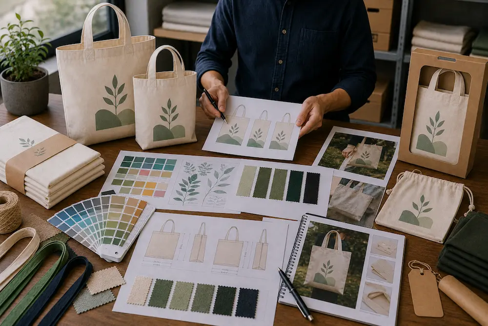 Custom tote bag development process showing materials, artwork, printing methods, and production planning