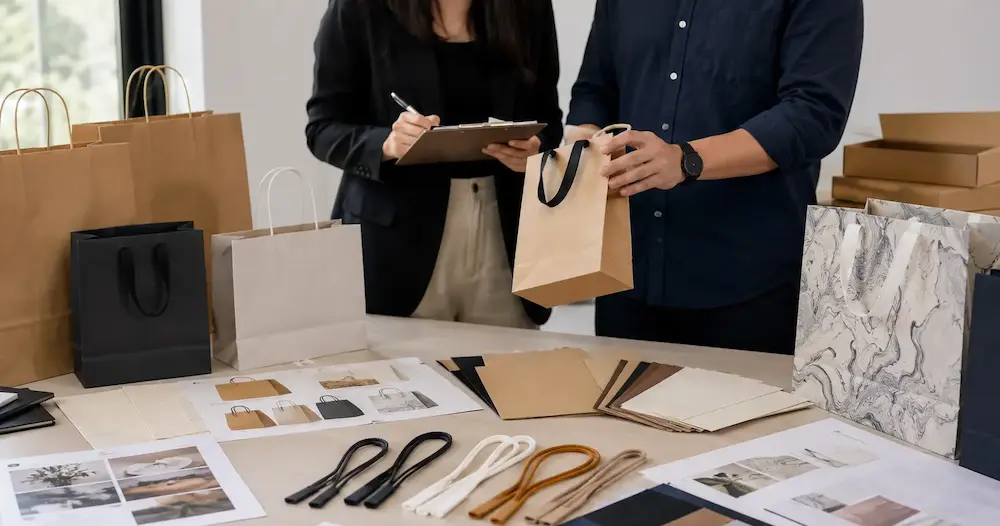 Paper shopping bag manufacturer evaluation with bag samples, material swatches, quality notes, and supplier comparison documents