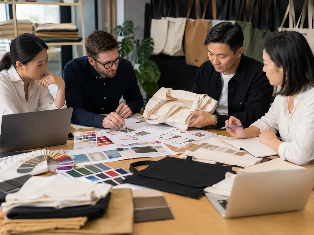 Professional sourcing meeting between buyers and tote bag manufacturers reviewing samples and specifications