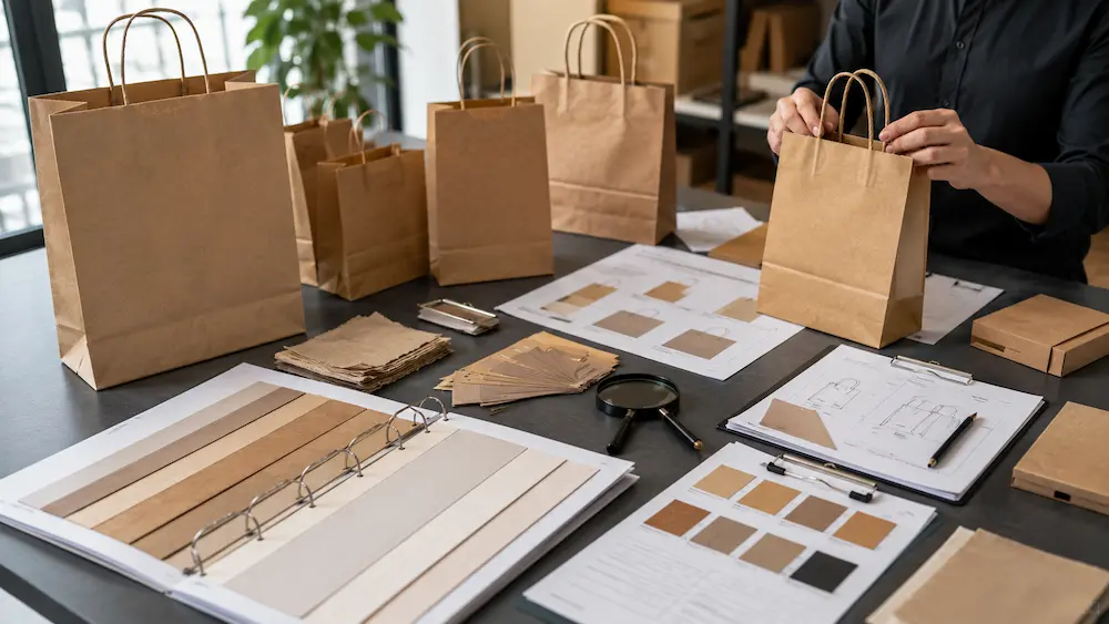 Kraft Paper Bags China sourcing process with material samples and custom packaging inspection