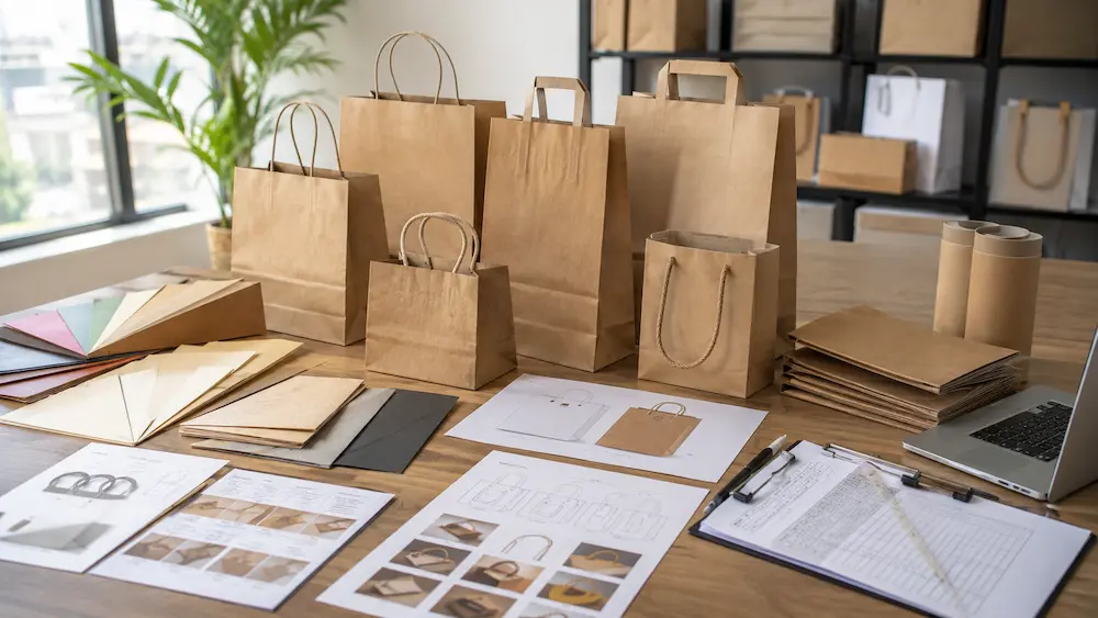 Paper Bags with Handles China sourcing guide with kraft materials and custom packaging samples