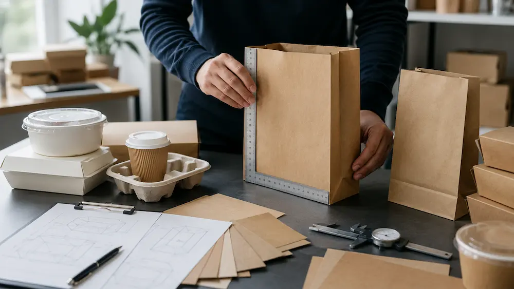 Takeaway Paper Bags measurement guide showing width gusset height sizing for food service packaging