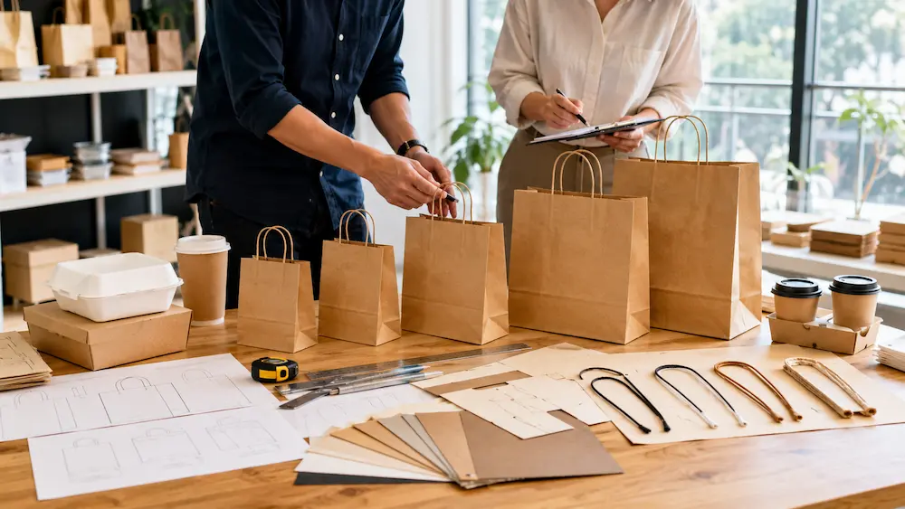 Takeaway Paper Bags size selection with kraft packaging samples and food container measurements