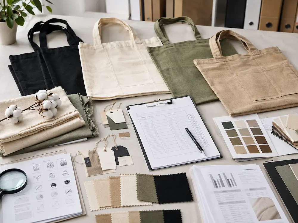 Certified cotton and canvas tote bags with organic fabric swatches and textile certification documents