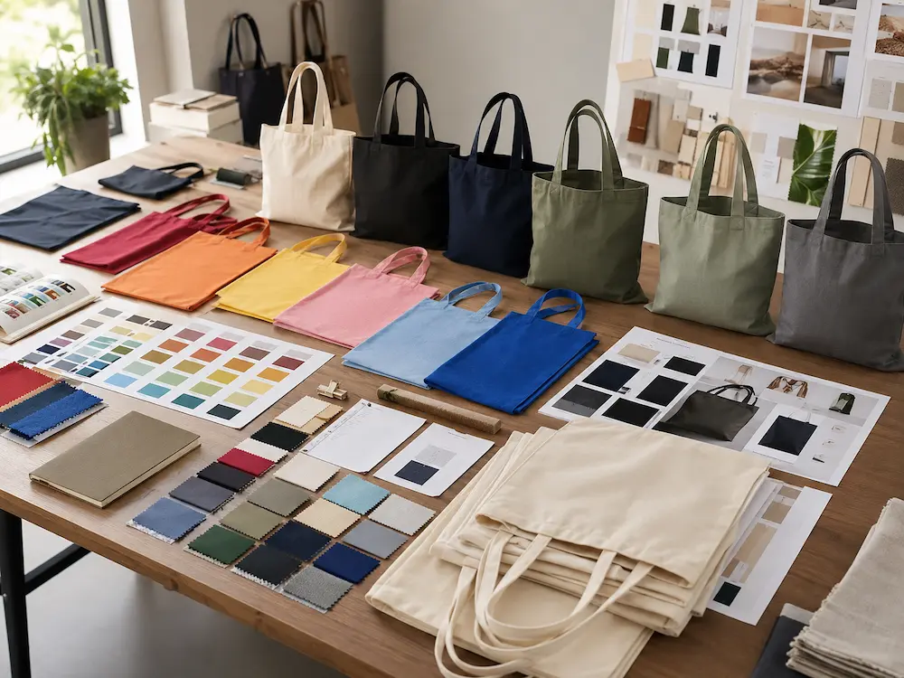 Tote bag colour selection guide showing natural, black, navy, olive, and promotional colour options for brands