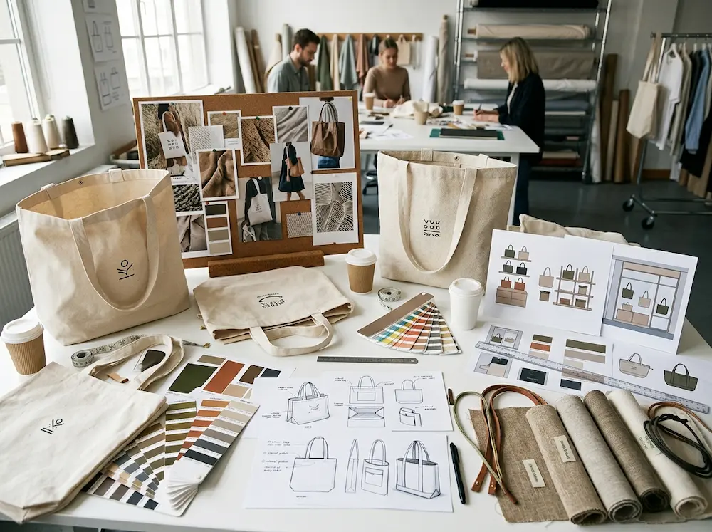 Modern tote bag design trends in 2026 featuring sustainable materials, minimalist branding, and oversized functional designs