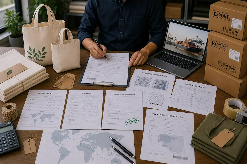 Tote bag export process showing manufacturing, export documentation, shipping, and customs procedures