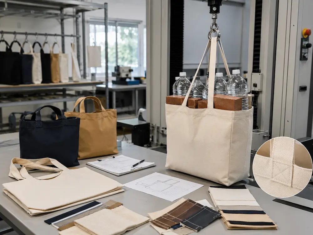 Cotton and canvas tote bags undergoing load capacity testing with weighted products and reinforced handles