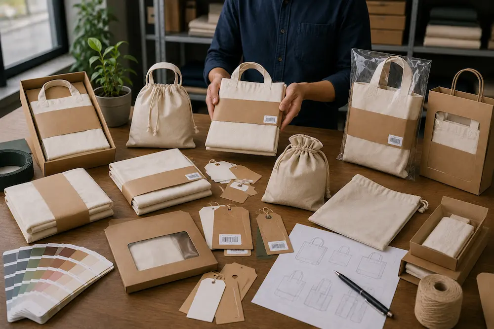 Retail tote bag packaging options including kraft sleeves, gift boxes, hang tags, and reusable pouches