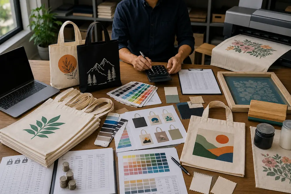 Custom tote bag printing cost factors including fabric, printing methods, and bulk production pricing